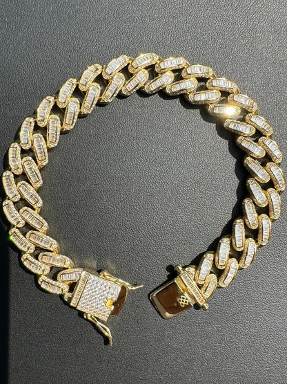 HarlemBling Mens Miami Cuban Link Bracelet Real 14k Gold 925 Silver Baguette Iced CZ Hip Hop
