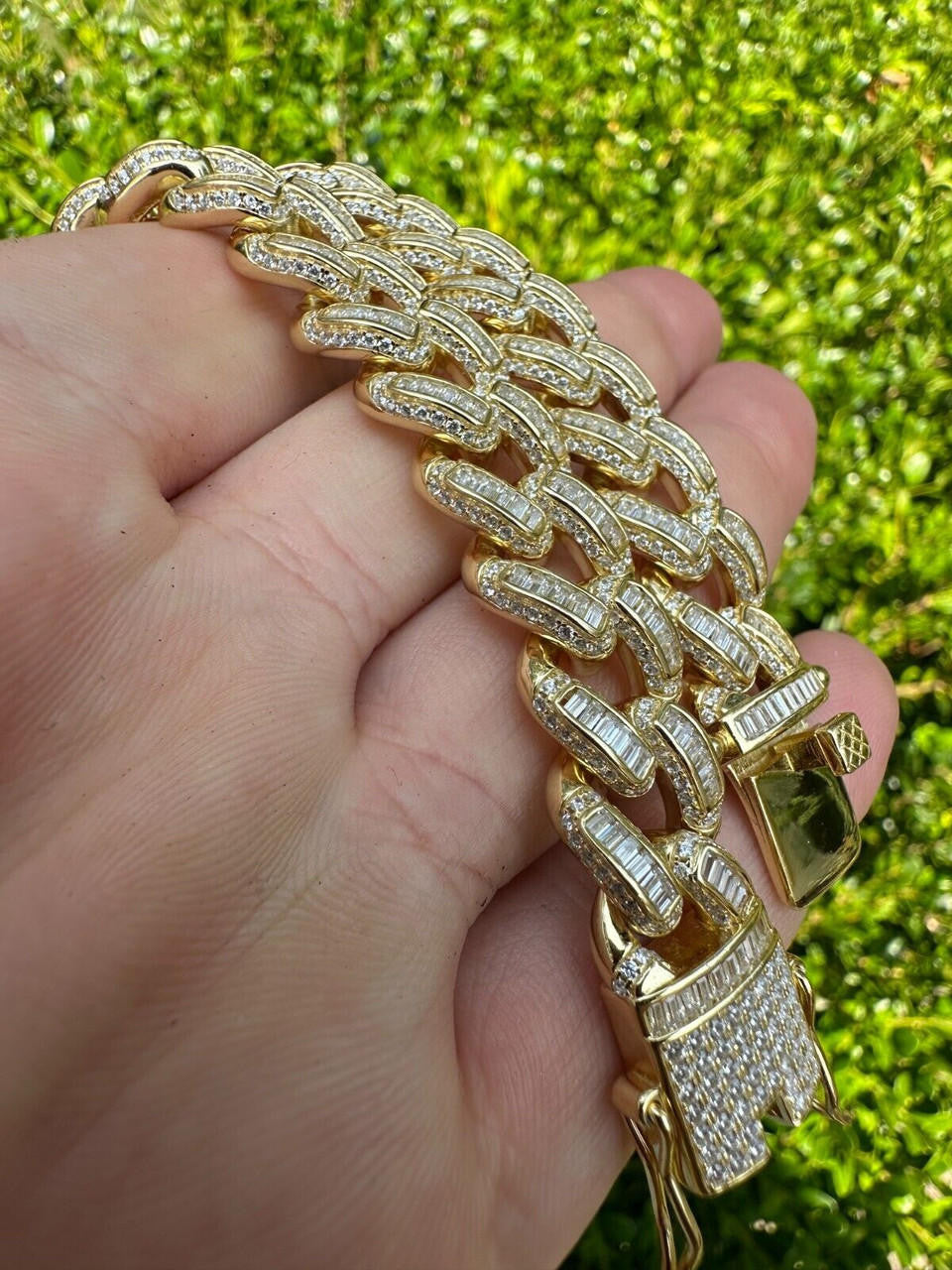 HarlemBling Mens Miami Cuban Link Bracelet Real 14k Gold 925 Silver Baguette Iced CZ Hip Hop