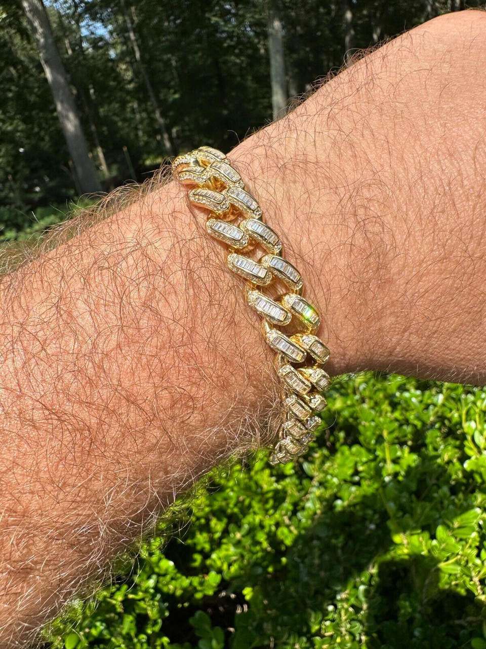 HarlemBling Mens Miami Cuban Link Bracelet Real 14k Gold 925 Silver Baguette Iced CZ Hip Hop