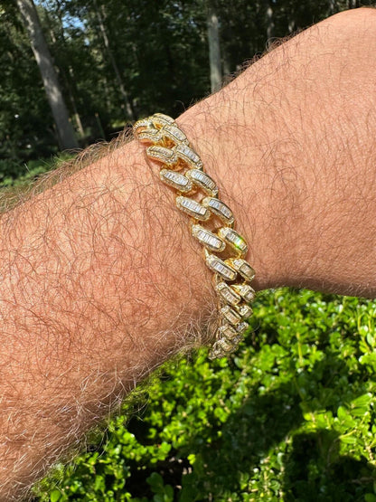 HarlemBling Mens Miami Cuban Link Bracelet Real 14k Gold 925 Silver Baguette Iced CZ Hip Hop