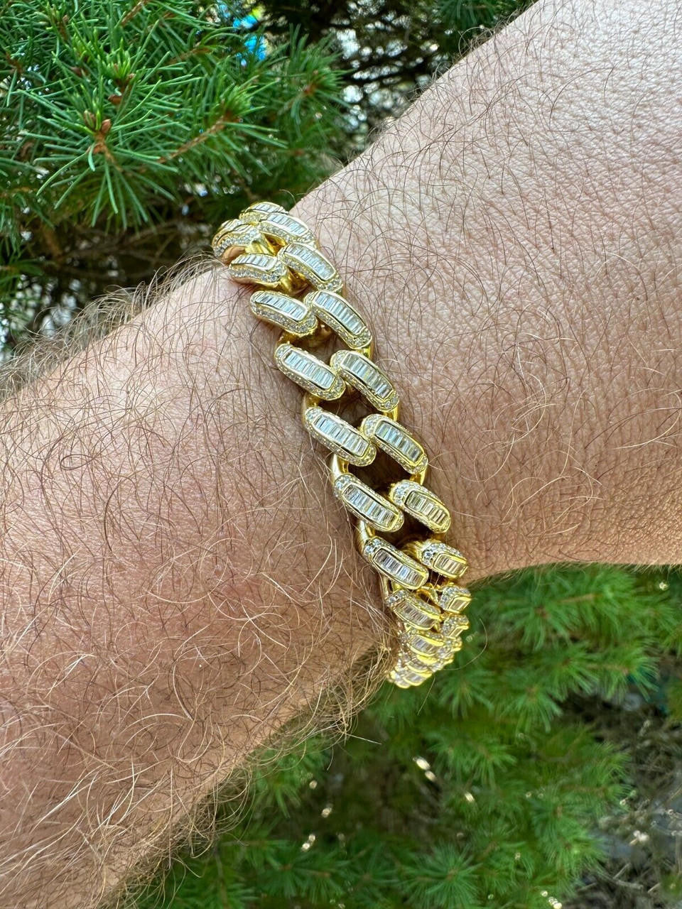 HarlemBling Mens Miami Cuban Link Bracelet Real 14k Gold 925 Silver Baguette Iced CZ Hip Hop