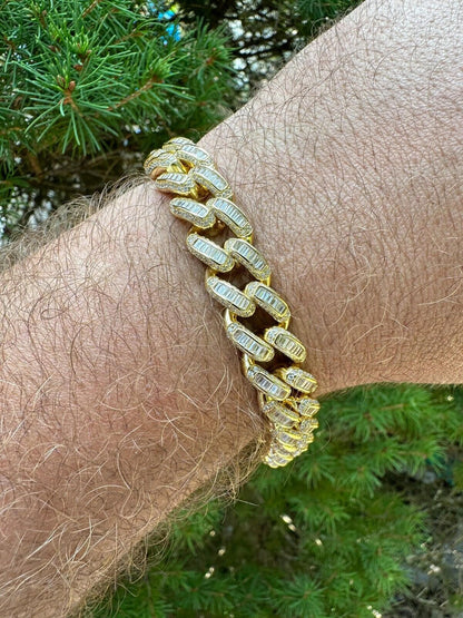 HarlemBling Mens Miami Cuban Link Bracelet Real 14k Gold 925 Silver Baguette Iced CZ Hip Hop