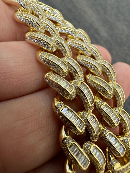 HarlemBling Mens Miami Cuban Link Bracelet Real 14k Gold 925 Silver Baguette Iced CZ Hip Hop