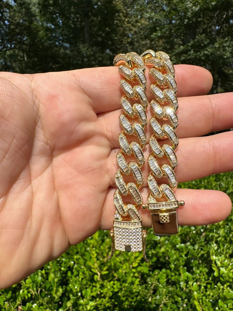 HarlemBling Mens Miami Cuban Link Bracelet Real 14k Gold 925 Silver Baguette Iced CZ Hip Hop