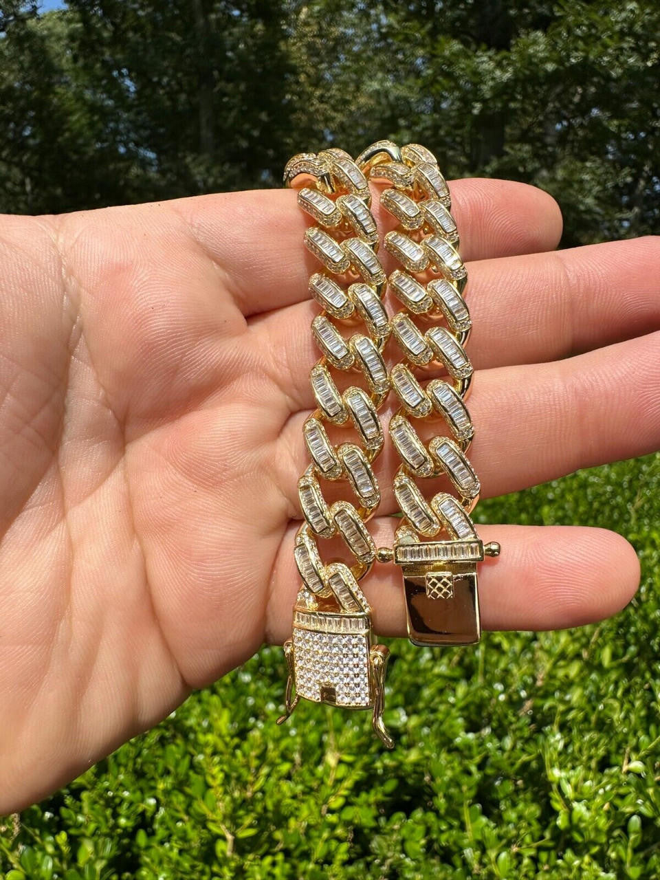 HarlemBling Mens Miami Cuban Link Bracelet Real 14k Gold 925 Silver Baguette Iced CZ Hip Hop