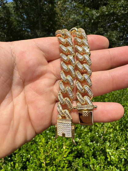 HarlemBling Mens Miami Cuban Link Bracelet Real 14k Gold 925 Silver Baguette Iced CZ Hip Hop