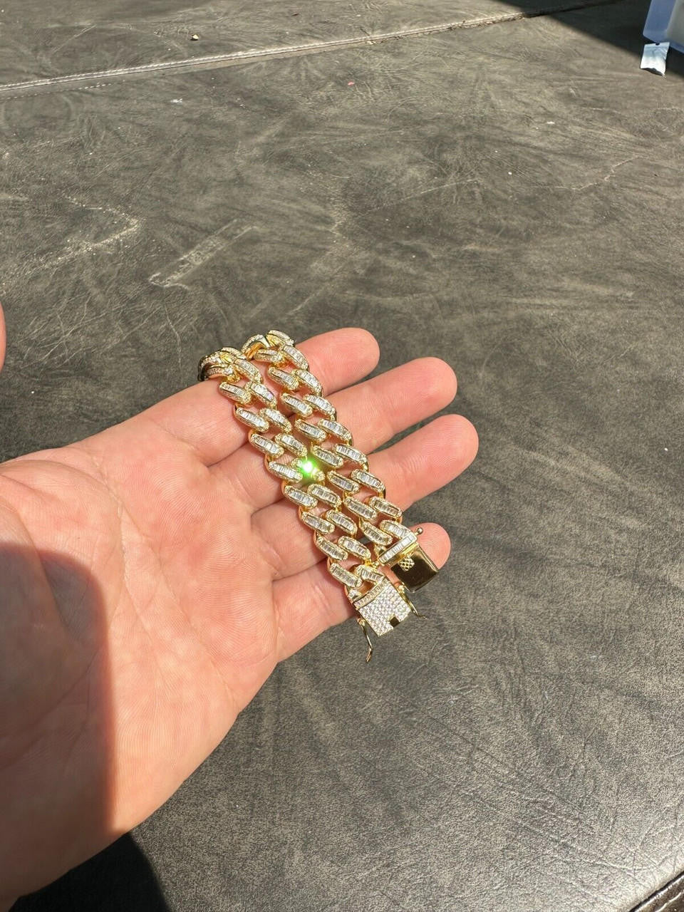 HarlemBling Mens Miami Cuban Link Bracelet Real 14k Gold 925 Silver Baguette Iced CZ Hip Hop