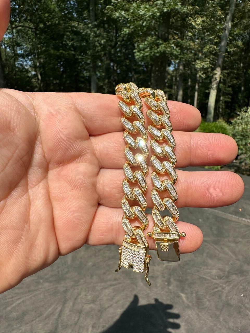 HarlemBling Mens Miami Cuban Link Bracelet Real 14k Gold 925 Silver Baguette Iced CZ Hip Hop