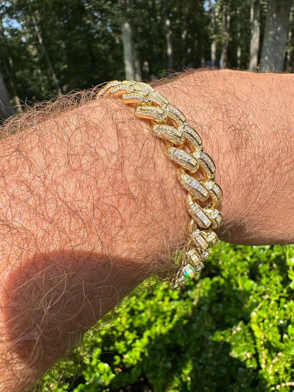 HarlemBling Mens Miami Cuban Link Bracelet Real 14k Gold 925 Silver Baguette Iced CZ Hip Hop