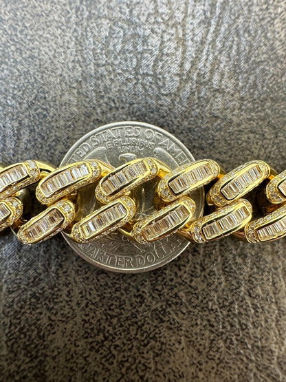 HarlemBling Mens Miami Cuban Link Bracelet Real 14k Gold 925 Silver Baguette Iced CZ Hip Hop