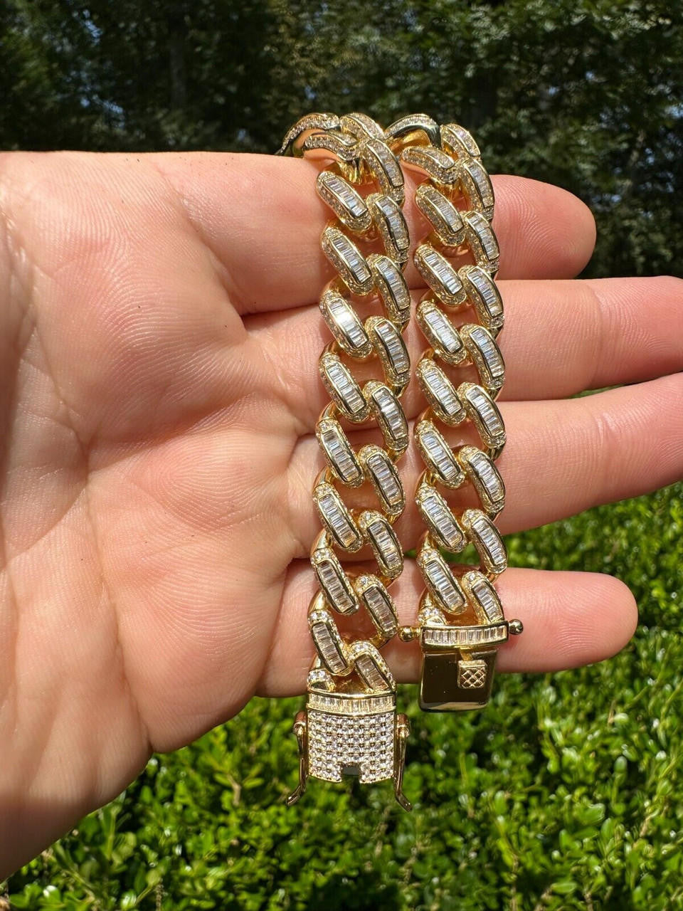 HarlemBling Mens Miami Cuban Link Bracelet Real 14k Gold 925 Silver Baguette Iced CZ Hip Hop