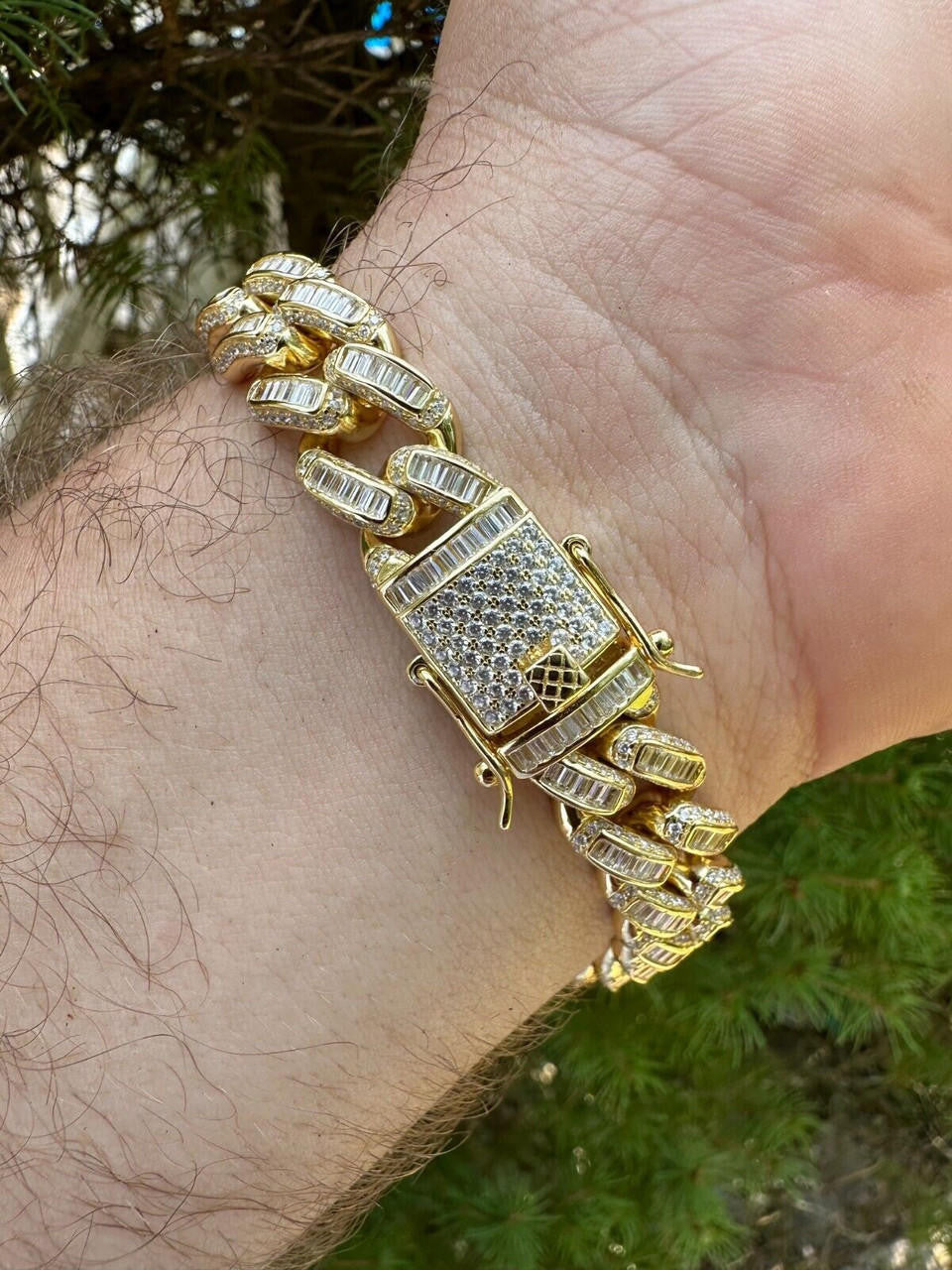 HarlemBling Mens Miami Cuban Link Bracelet Real 14k Gold 925 Silver Baguette Iced CZ Hip Hop