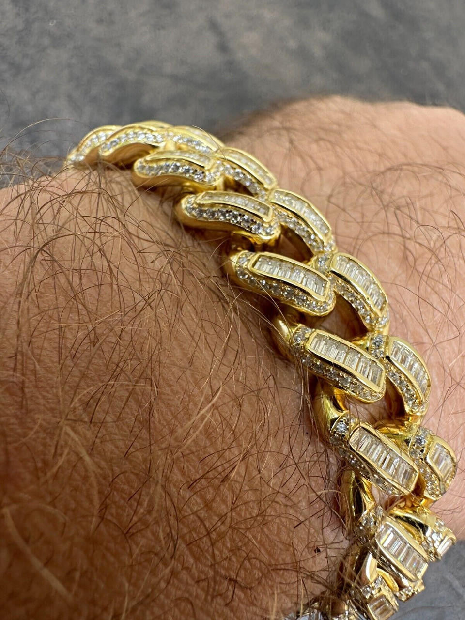 HarlemBling Mens Miami Cuban Link Bracelet Real 14k Gold 925 Silver Baguette Iced CZ Hip Hop