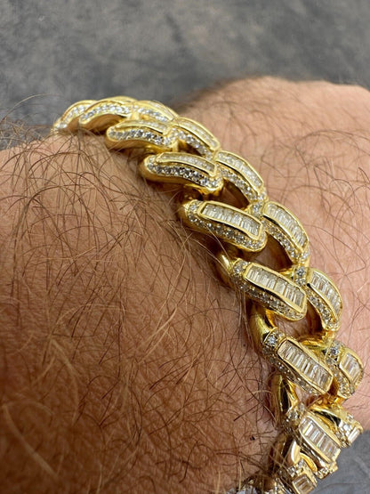 HarlemBling Mens Miami Cuban Link Bracelet Real 14k Gold 925 Silver Baguette Iced CZ Hip Hop
