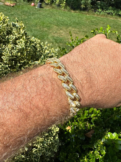 HarlemBling Mens Miami Cuban Link Bracelet Real 14k Gold 925 Silver Baguette Iced CZ Hip Hop