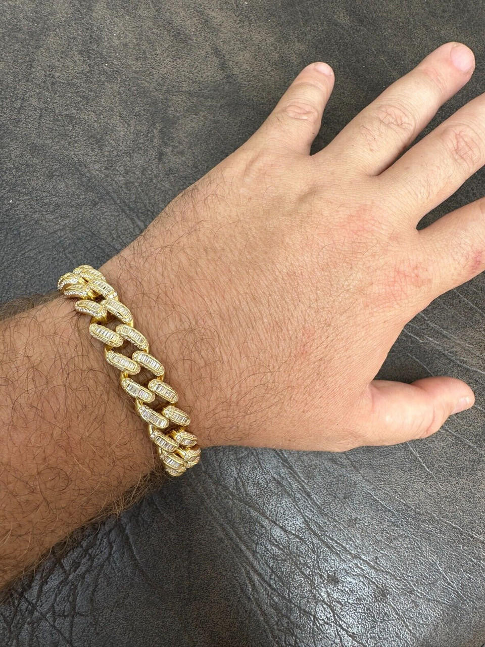 HarlemBling Mens Miami Cuban Link Bracelet Real 14k Gold 925 Silver Baguette Iced CZ Hip Hop