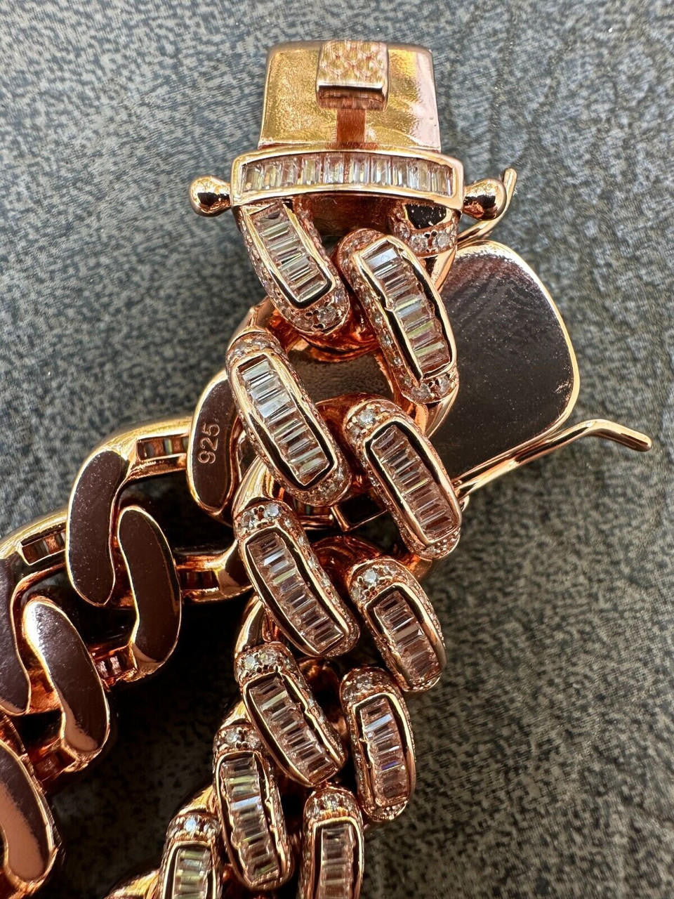 HarlemBling Mens Miami Cuban Link Bracelet Real 14k Rose Gold 925 Silver Baguette CZ Hip Hop