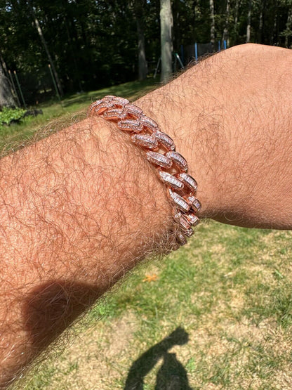 HarlemBling Mens Miami Cuban Link Bracelet Real 14k Rose Gold 925 Silver Baguette CZ Hip Hop