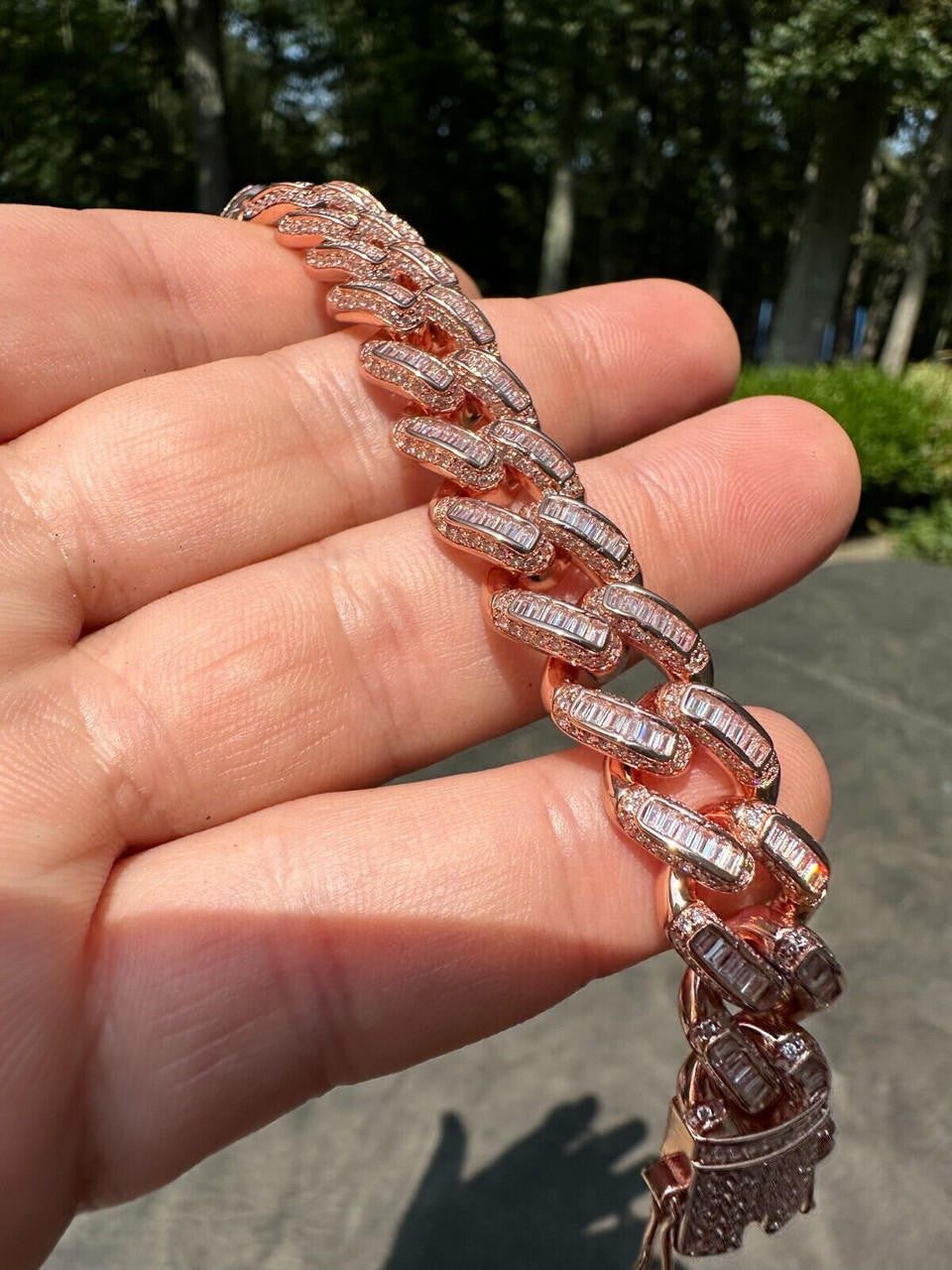 HarlemBling Mens Miami Cuban Link Bracelet Real 14k Rose Gold 925 Silver Baguette CZ Hip Hop