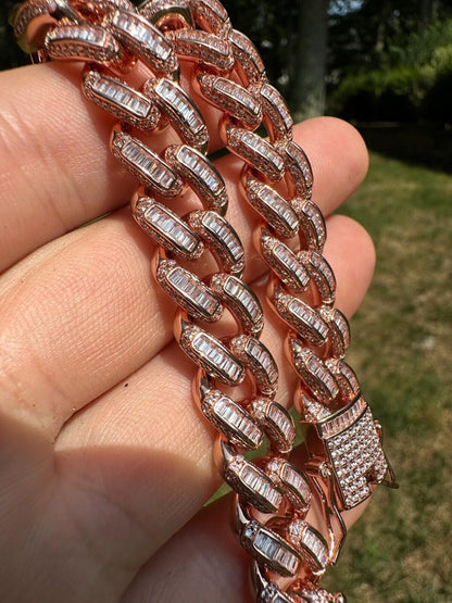 HarlemBling Mens Miami Cuban Link Bracelet Real 14k Rose Gold 925 Silver Baguette CZ Hip Hop