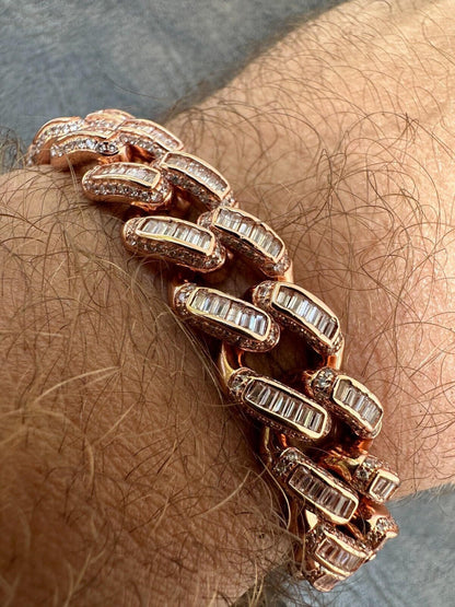 HarlemBling Mens Miami Cuban Link Bracelet Real 14k Rose Gold 925 Silver Baguette CZ Hip Hop