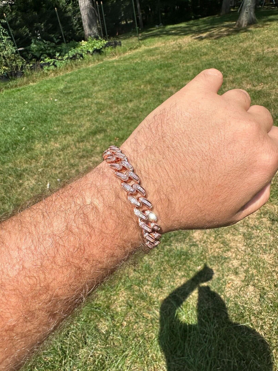 HarlemBling Mens Miami Cuban Link Bracelet Real 14k Rose Gold 925 Silver Baguette CZ Hip Hop