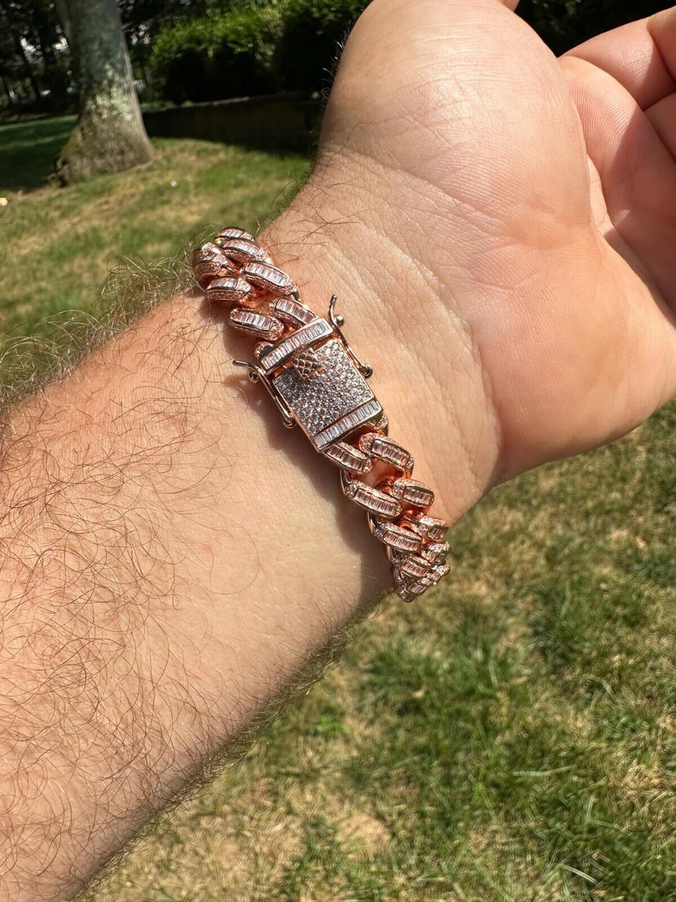 HarlemBling Mens Miami Cuban Link Bracelet Real 14k Rose Gold 925 Silver Baguette CZ Hip Hop