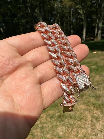 HarlemBling Mens Miami Cuban Link Bracelet Real 14k Rose Gold 925 Silver Baguette CZ Hip Hop