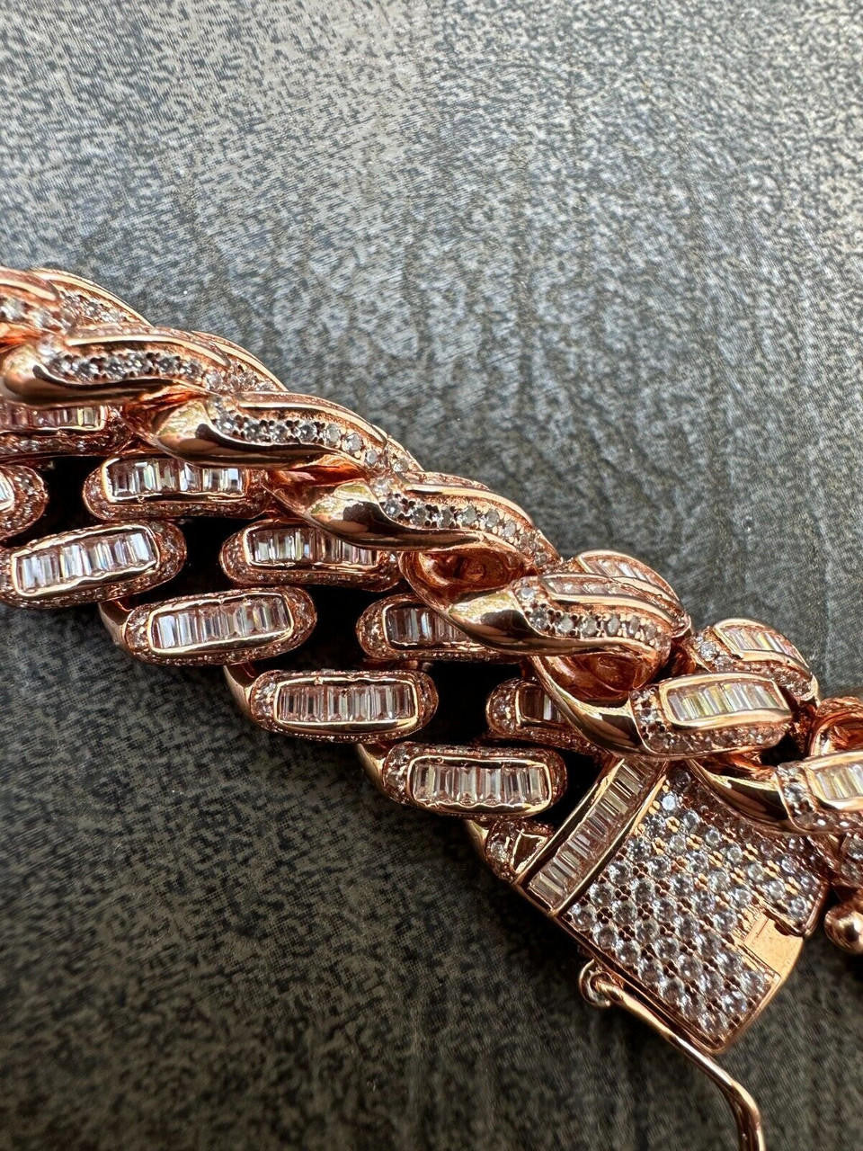 HarlemBling Mens Miami Cuban Link Bracelet Real 14k Rose Gold 925 Silver Baguette CZ Hip Hop