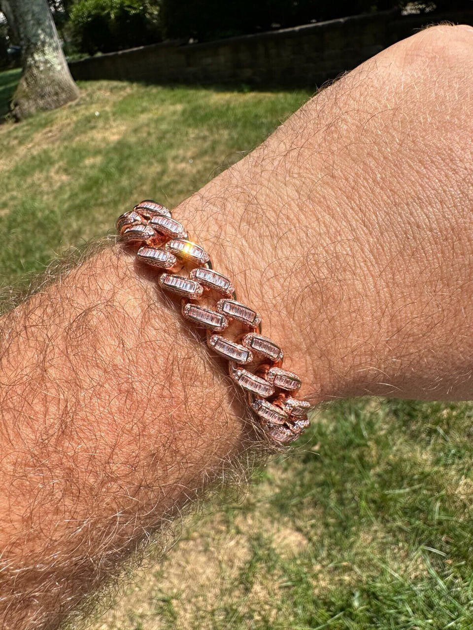 HarlemBling Mens Miami Cuban Link Bracelet Real 14k Rose Gold 925 Silver Baguette CZ Hip Hop