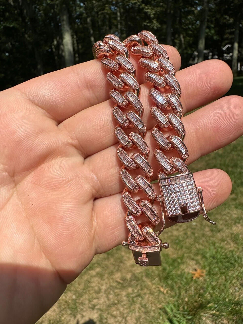 HarlemBling Mens Miami Cuban Link Bracelet Real 14k Rose Gold 925 Silver Baguette CZ Hip Hop