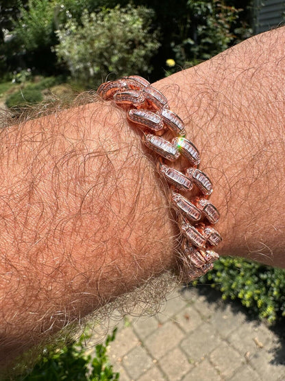 HarlemBling Mens Miami Cuban Link Bracelet Real 14k Rose Gold 925 Silver Baguette CZ Hip Hop