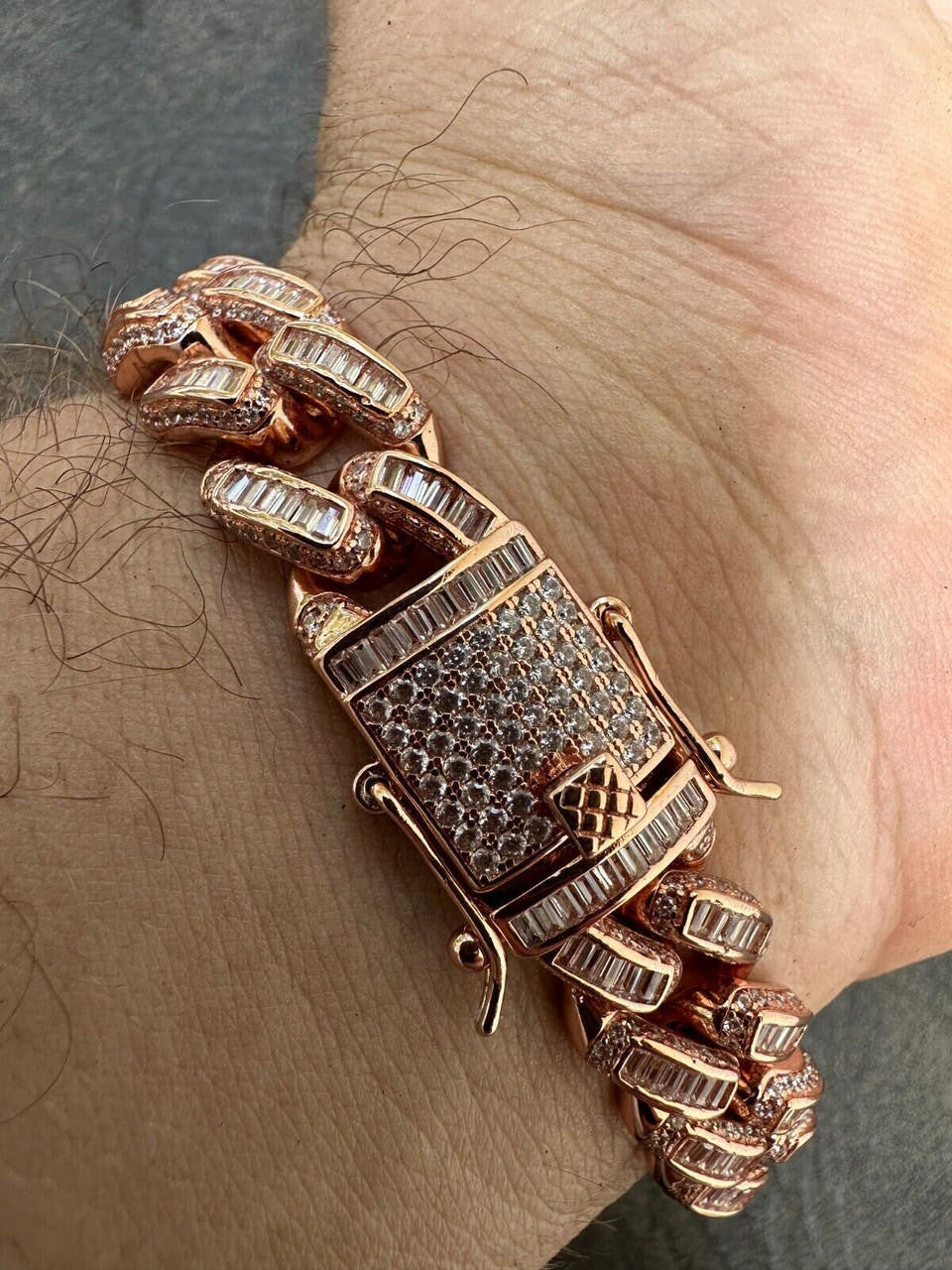 HarlemBling Mens Miami Cuban Link Bracelet Real 14k Rose Gold 925 Silver Baguette CZ Hip Hop