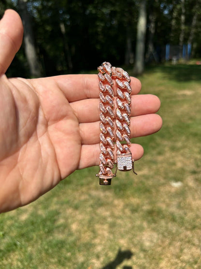 HarlemBling Mens Miami Cuban Link Bracelet Real 14k Rose Gold 925 Silver Baguette CZ Hip Hop