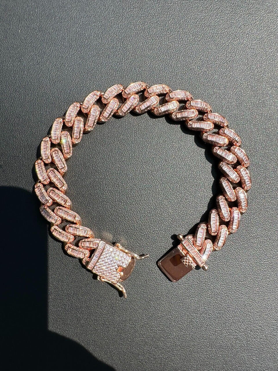 HarlemBling Mens Miami Cuban Link Bracelet Real 14k Rose Gold 925 Silver Baguette CZ Hip Hop
