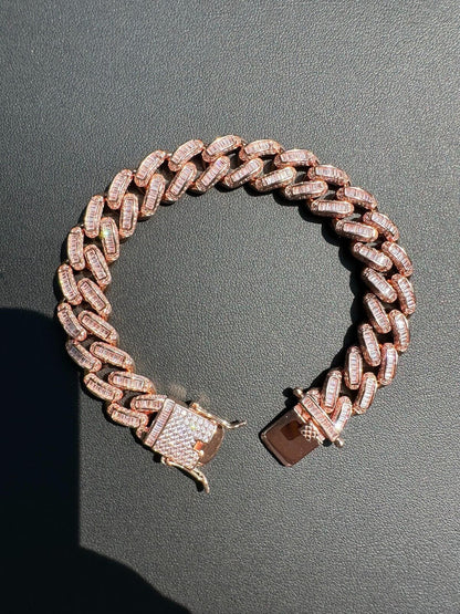 HarlemBling Mens Miami Cuban Link Bracelet Real 14k Rose Gold 925 Silver Baguette CZ Hip Hop