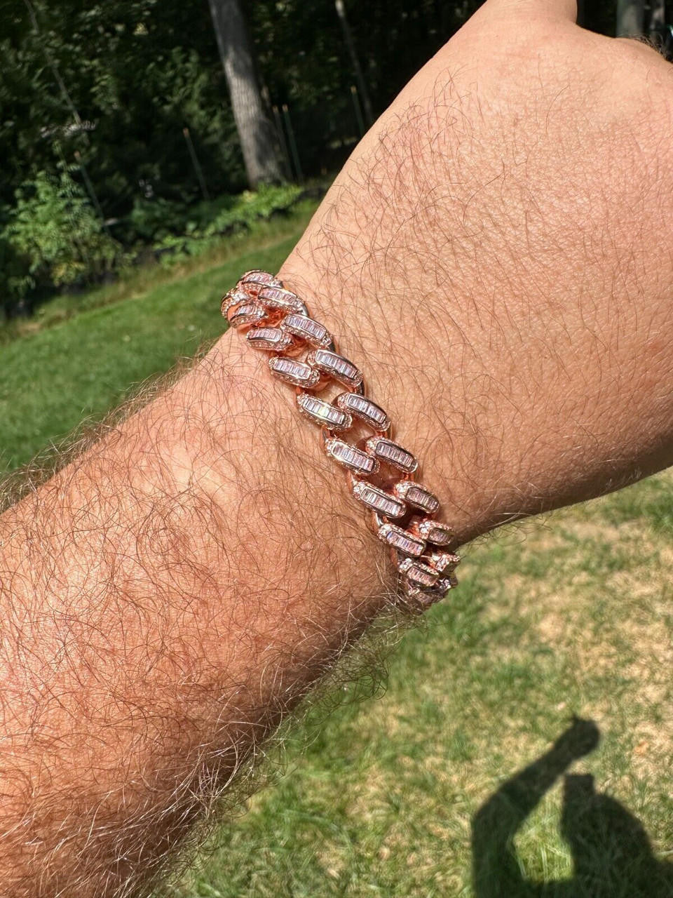 HarlemBling Mens Miami Cuban Link Bracelet Real 14k Rose Gold 925 Silver Baguette CZ Hip Hop