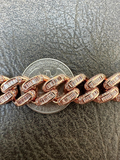 HarlemBling Mens Miami Cuban Link Bracelet Real 14k Rose Gold 925 Silver Baguette CZ Hip Hop