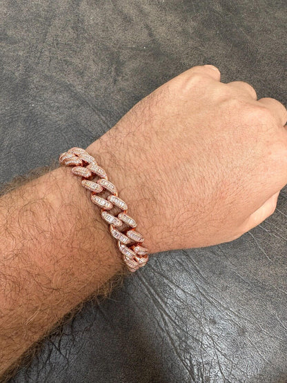 HarlemBling Mens Miami Cuban Link Bracelet Real 14k Rose Gold 925 Silver Baguette CZ Hip Hop