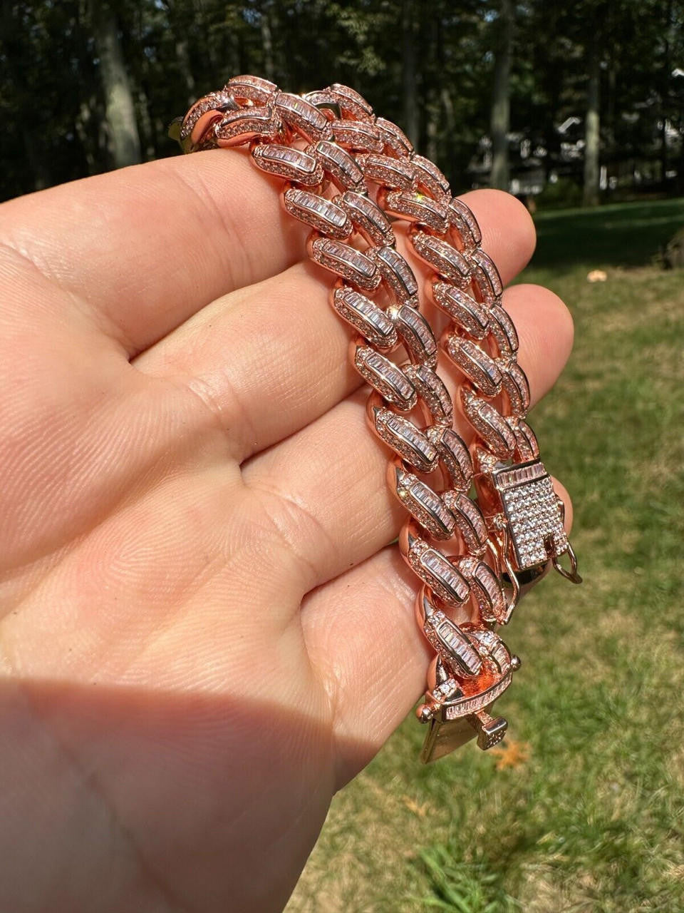 HarlemBling Mens Miami Cuban Link Bracelet Real 14k Rose Gold 925 Silver Baguette CZ Hip Hop