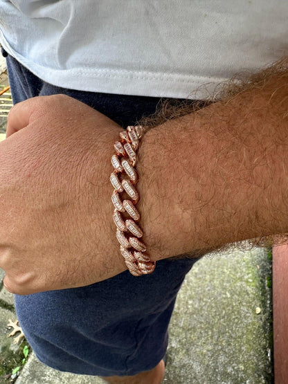 HarlemBling Mens Miami Cuban Link Bracelet Real 14k Rose Gold 925 Silver Baguette CZ Hip Hop