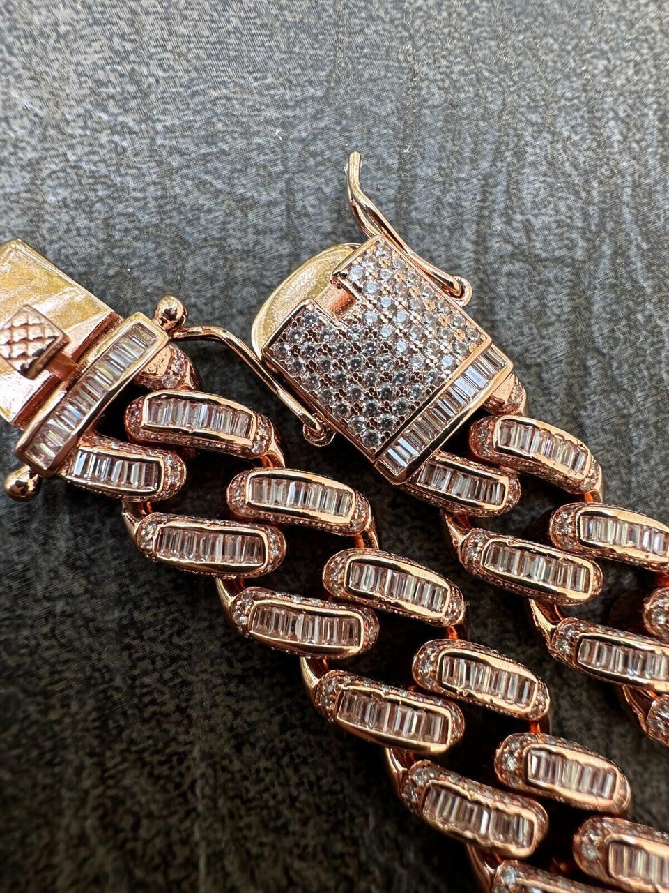 HarlemBling Mens Miami Cuban Link Bracelet Real 14k Rose Gold 925 Silver Baguette CZ Hip Hop