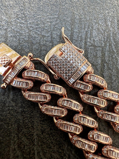 HarlemBling Mens Miami Cuban Link Bracelet Real 14k Rose Gold 925 Silver Baguette CZ Hip Hop