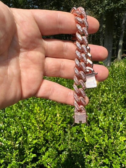 HarlemBling Mens Miami Cuban Link Bracelet Real 14k Rose Gold 925 Silver Baguette CZ Hip Hop