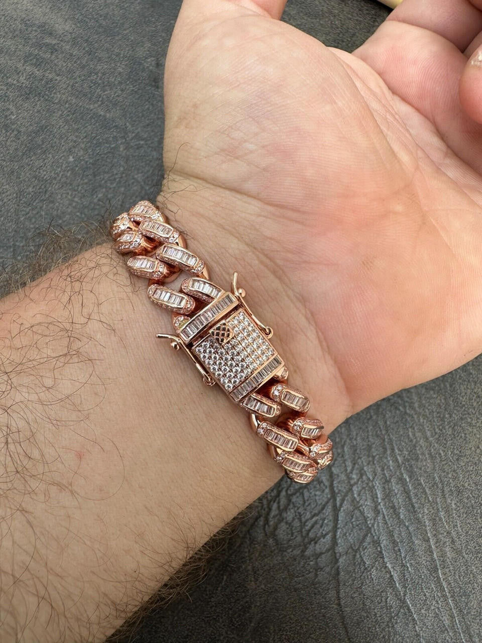 HarlemBling Mens Miami Cuban Link Bracelet Real 14k Rose Gold 925 Silver Baguette CZ Hip Hop