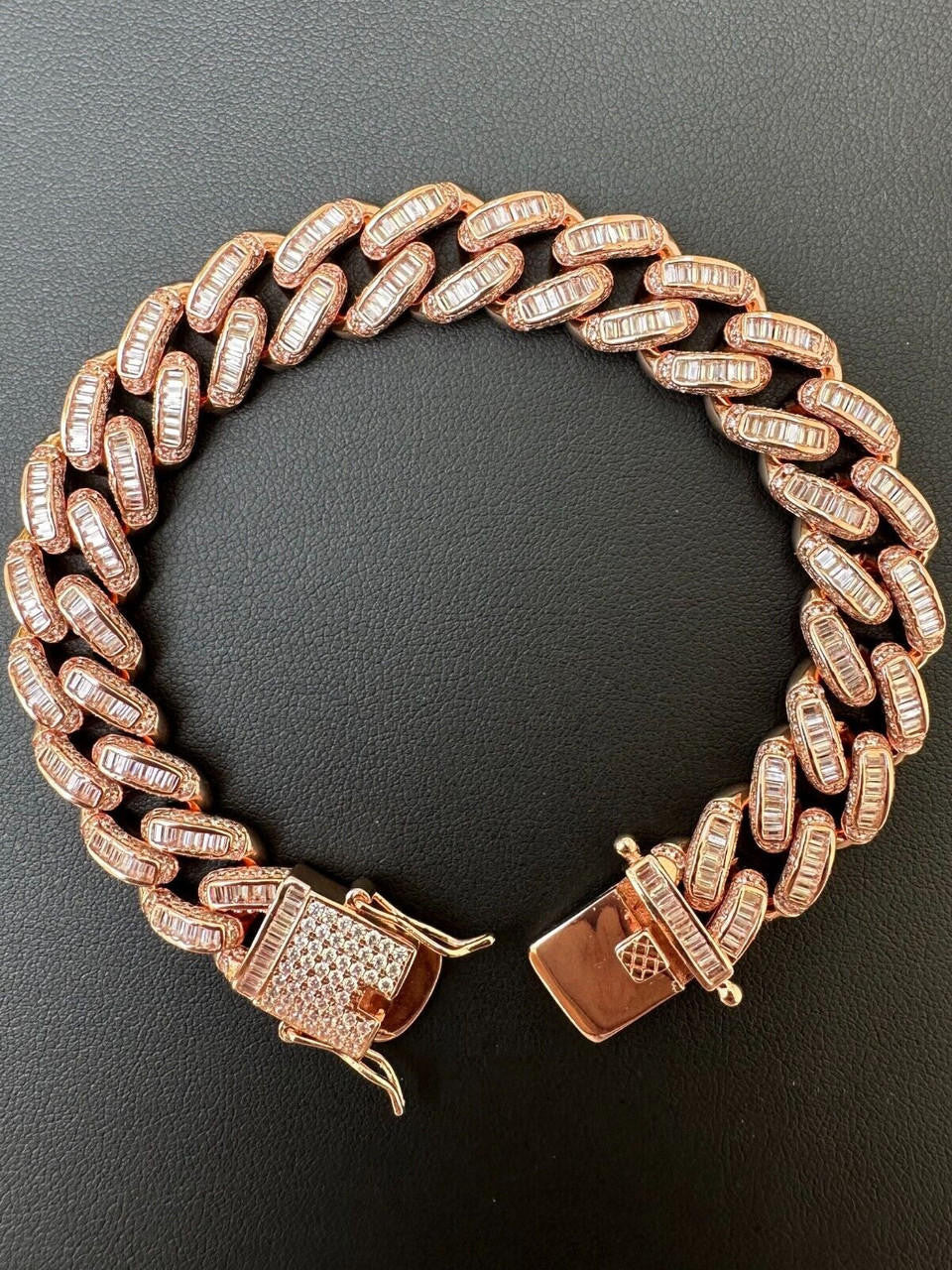 HarlemBling Mens Miami Cuban Link Bracelet Real 14k Rose Gold 925 Silver Baguette CZ Hip Hop