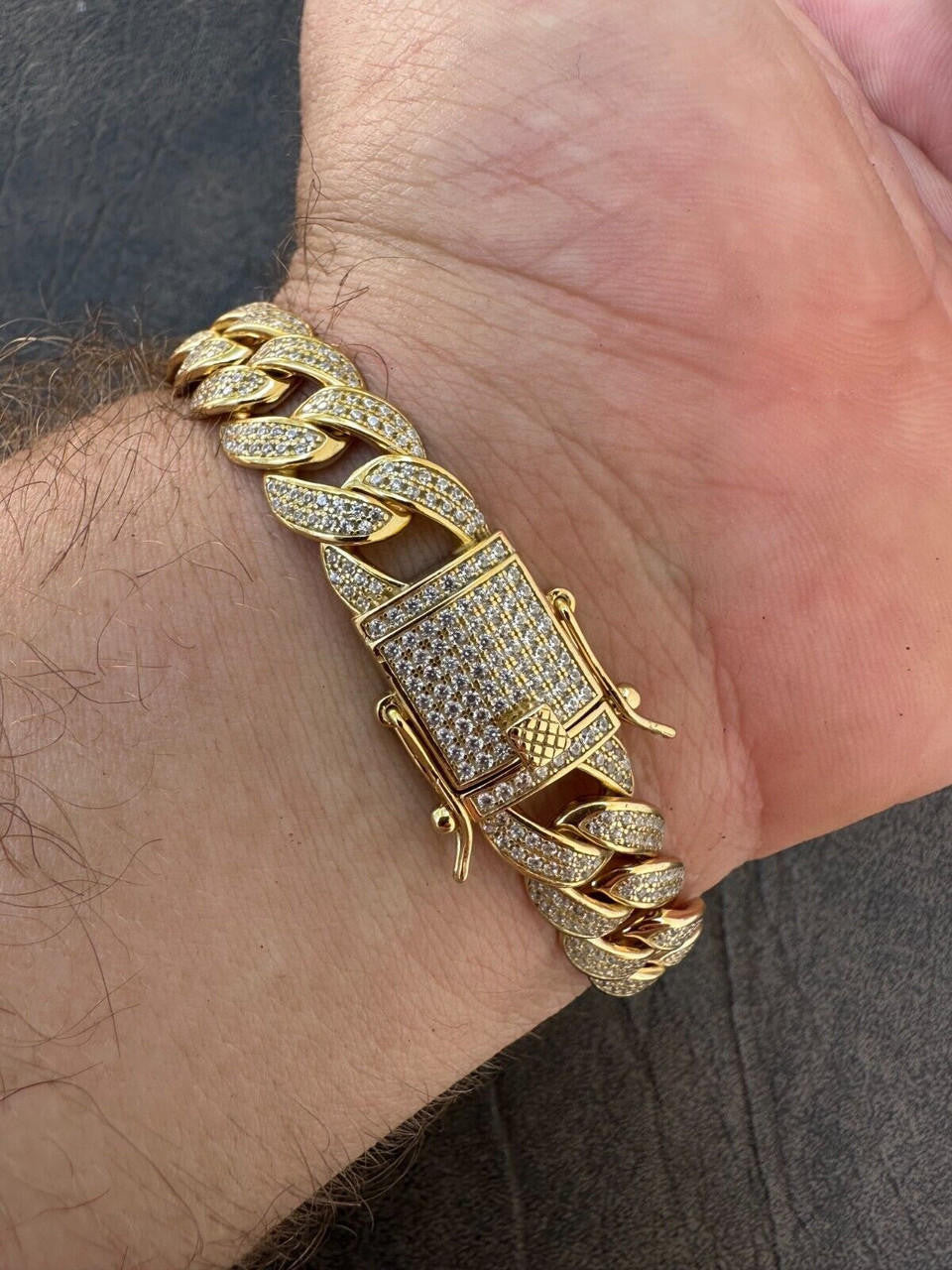 Mens Miami Cuban Link Bracelet Real Icy Solid 14k Gold Plated 925