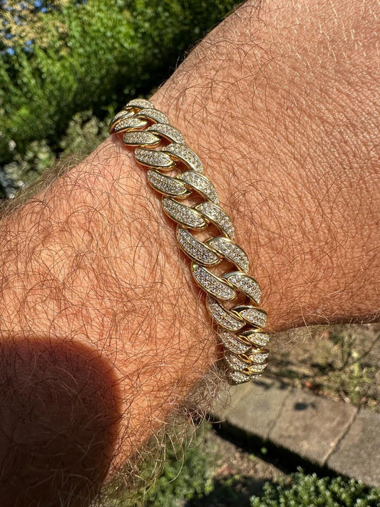 HarlemBling Mens Miami Cuban Link Bracelet Real Icy Solid 14k Gold Plated 925 Silver CZ 12mm