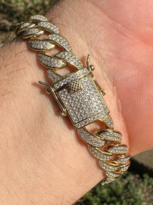HarlemBling Mens Miami Cuban Link Bracelet Real Icy Solid 14k Gold Plated 925 Silver CZ 12mm
