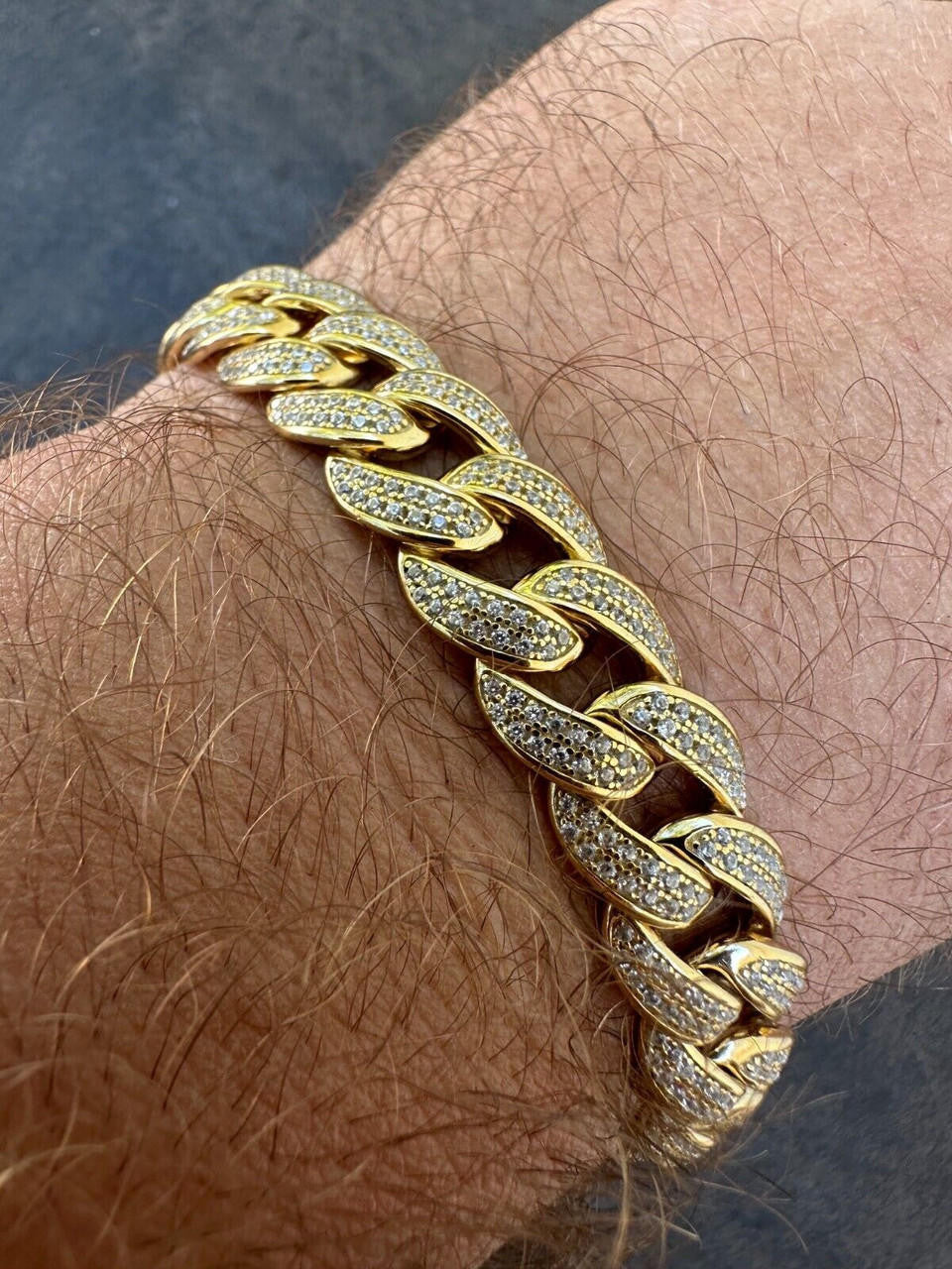 Mens Miami Cuban Link Bracelet Real Icy Solid 14k Gold Plated 925